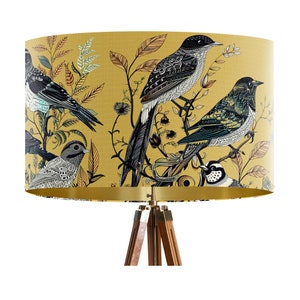 Fancy Flock Bird Lampshade, Yellow Large lamp shade with gold lining, botanical lampshade for table lamp or pendant Summer spring decor image 6