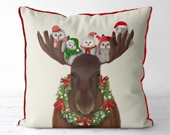 Moose Christmas pillow cover - Moose and Owls - Christmas cushion cabin decor moose gift moose cushion woodland animal accent pillow