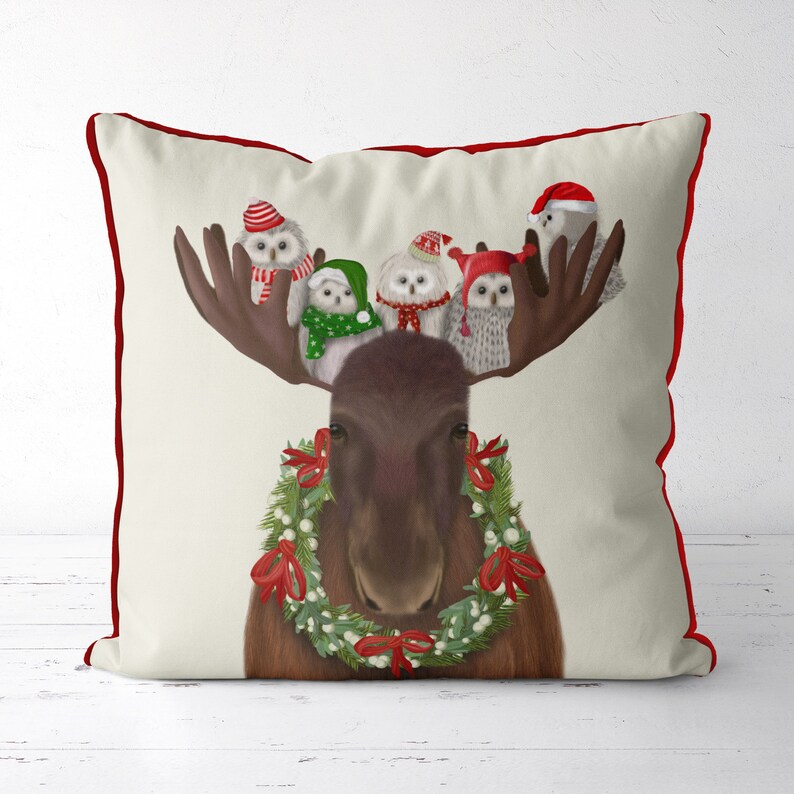 Moose Christmas pillow cover Moose and Owls Christmas cushion cabin decor moose gift moose cushion woodland animal accent pillow image 1