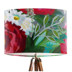 Red Green & White Abstract Floral Lamp shade - Bold and Colourful Drum lampshade with red roses, Stunning summer and spring decor, handmade