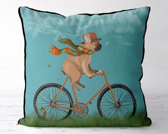 Frenchie on Bicycle, French bulldog Pillow Cover, French Bulldog on Bike Cushion Cover,  Unusual Housewarming gift, Frenchie Owner gift idea