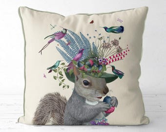 Squirrel with Blue Acorns Pillow Cover, Whimsical Woodland Animal Cushion with Bright Florals, Hummingbirds and Cottagecore Style