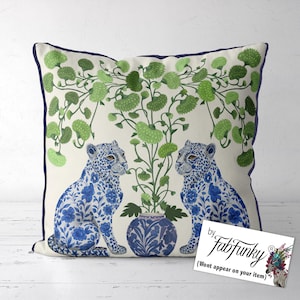 Indoor / Outdoor Leopard Pillow Cover, Chinoiserie Leopard print cushion cover, Maximalist Oriental style tropical Blue White ginger jar,