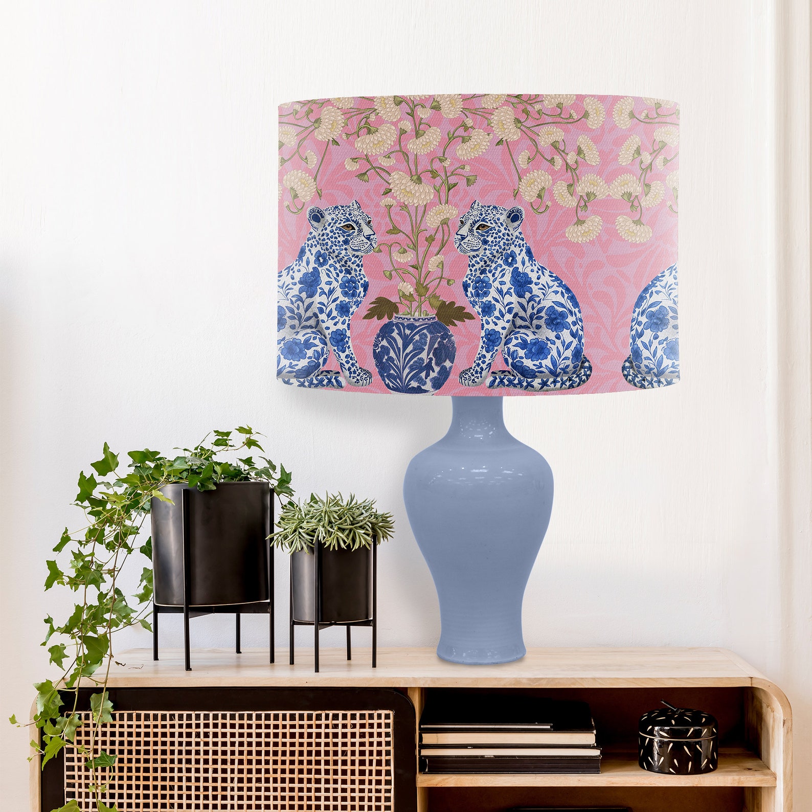 Pink and Blue Chinese Lamp Shade With Chinoiserie Leopards, Bold and ...