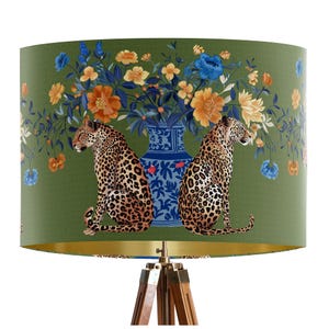Leopard lampshade on Green with gold lining, Tropical Beautiful Floral Botanical lamp shade for table lamp, luxury handmade designer item