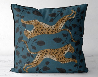 Housse de coussin léopard - Lagon de jumeaux léopard - Housse de coussin léopard, oreiller Safari, oreiller d'accent bleu, oreiller décoratif, oreiller Euro