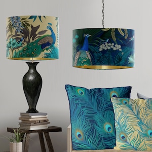 Peacock Garden Lampshade on Blue Large lamp shade with gold lining lampshade for table lamp pendant lamp shade for ceiling turquoise decor image 9