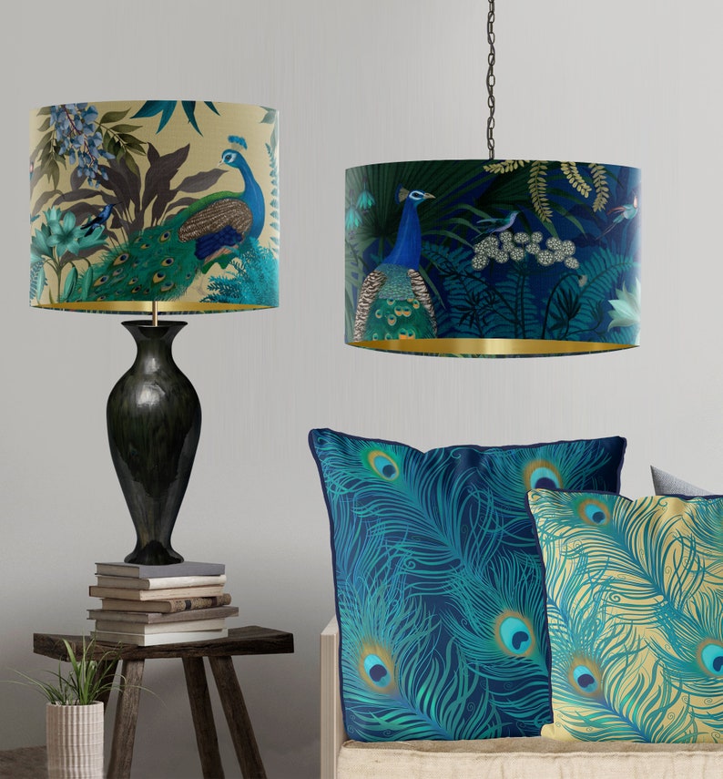 Peacock Garden Lampshade on Blue Large lamp shade with gold lining lampshade for table lamp pendant lamp shade for ceiling turquoise decor image 9