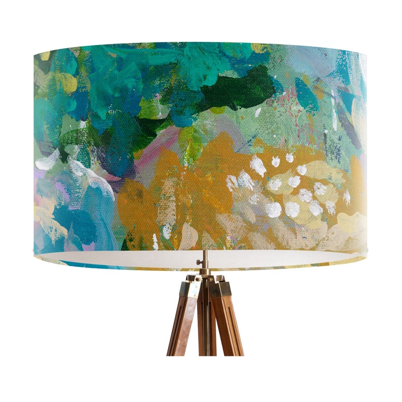 Celebrations Floral Lamp shade Drum lampshade, Blue floral lamp shade, abstract florals in blue and yellow image 1