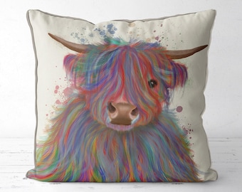 Multicoloured Highland Cow pillow cover - Modern Farmhouse decor cow decor farm gift cow cushion farm animal nursery scottish highland coo