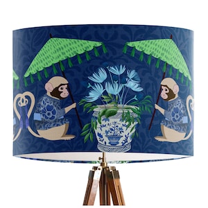 Chinese Monkey lamp shade in blue and green, Chinoiserie decor lampshade for floor or table, oriental vintage inspired, unique asian decor
