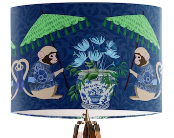 Chinese Monkey lamp shade in blue and green, Chinoiserie decor lampshade for floor or table, oriental vintage inspired, unique asian decor