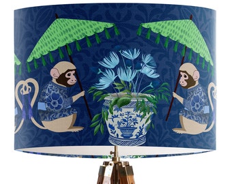 Chinese Monkey lamp shade in blue and green, Chinoiserie decor lampshade for floor or table, oriental vintage inspired, unique asian decor