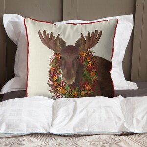 Christmas pillow cover, Moose orange & cranberry wreath cushion, Festive decor for home, Woodland animal Xmas cushion print on both sides image 2