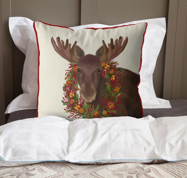 Christmas pillow cover, Moose orange & cranberry wreath cushion, Festive decor for home, Woodland animal Xmas cushion print on both sides image 2