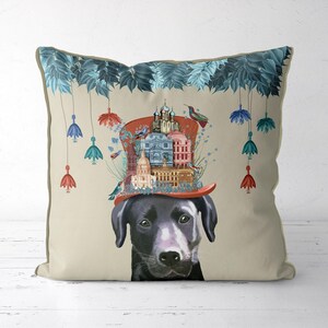 Black Labrador Pillow Cover, Colourful Dog Cushion with Quirky Hat Illustration