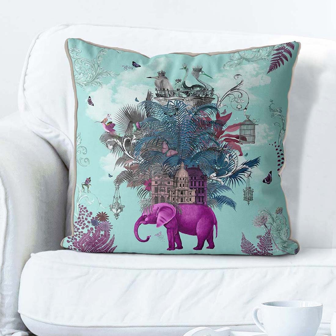 Hot Air Balloon Elephant Butterfly Sky Animal themed Linen Cushion Cover. 