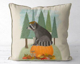 Raccoon on pumpkin pillow cover, woodland animal cushion cover for fall nursery or rustic cabin decor