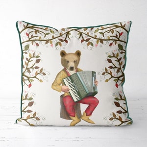 Woodland animal prints bear pillow bear cushion cover Woodland theme decor musical nursery print gift for musician bear minstrel cabin decor