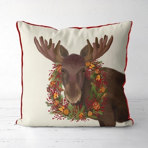 Christmas pillow cover, Moose orange & cranberry wreath cushion, Festive decor for home, Woodland animal Xmas cushion print on both sides image 1