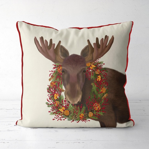Christmas pillow cover, Moose orange & cranberry wreath cushion, Festive decor for home, Woodland animal Xmas cushion print on both sides