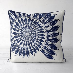 Modern coastal pillow covers Coastal throw pillows - Little Fishes Spiral Shell Midnight Blue on White Coastal style, Nautical pillow covers image 2