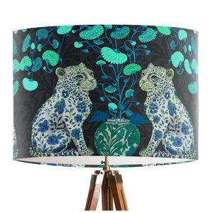 Turquoise Chinoiserie Leopards on Charcoal Lamp Shade - Tropical green and blue chinese style lamp shade maximalist funky colorful lampshade