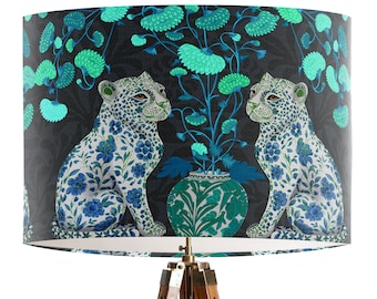 Turquoise Chinoiserie Leopards on Charcoal Lamp Shade - Tropical green and blue chinese style lamp shade maximalist funky colorful lampshade