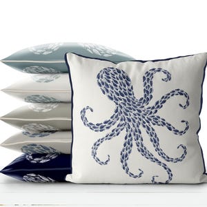 Coastal Decor, Octopus Pillow Cover, Navy Blue White Nautical cushion cover, Boho Beach House Coastal Living, Under the Sea Themed Throw