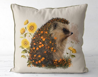 Floral Hedgehog Pillow Cover, Woodland Cushion Cover animal illustration, nursery throw pillow, country home style, colourful floral accent