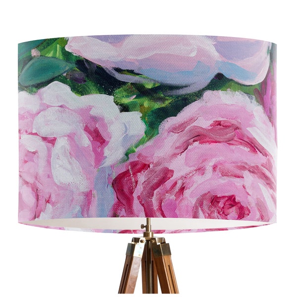 Printempts Colore Pink Floral Lamp shade - Drum lampshade, Red and Pink Roses floral lamp shade, abstract loose florals, modern spring decor