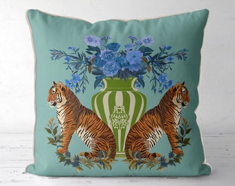 Tiger Pillow Cover on Aquamarine, Blue Mint Green Tropical Designer animal cushion cover, colourful asian style decor, tiger lover gift