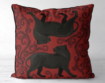 Panther pillow cover - Panther twins ruby - Panther cushion cover Designer pillow Red couch throw Safari animal pillow Black panther decor