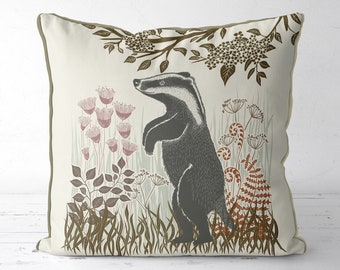 Badger Cushion cover - Country Lane Badger4 - Badger pillow cover, country cottage decor, farmhouse pillow, country style, woodland wildlife