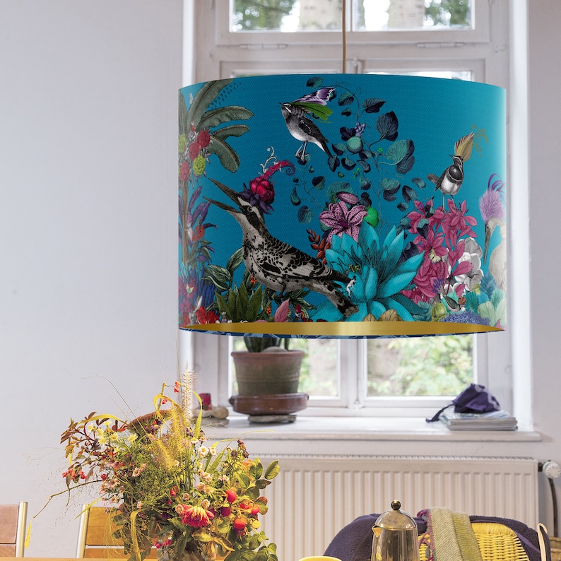 Glorious Plumes Bird Lampshade, Blue - Large lamp shade with gold lining, lampshade for table lamp or pendant, Designer fabric lamp shade image 6