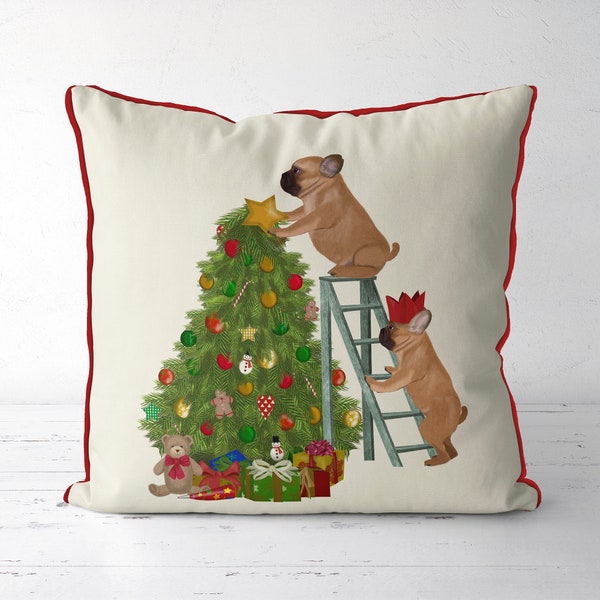 Christmas pillow cover, French bulldog's & Christmas tree cushion, Funny dog lover gift for Xmas, Festive home decor holiday gift ideas