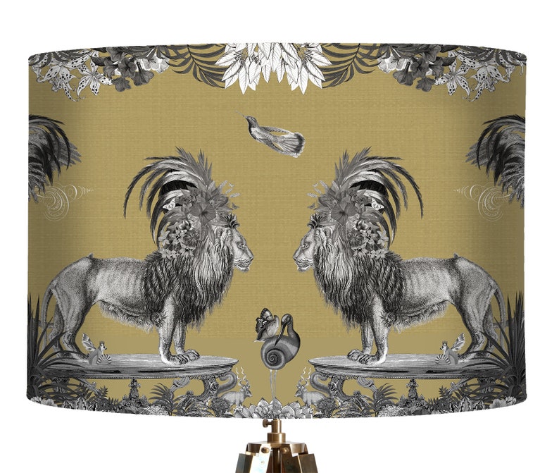 Tropical Lion lampshade in gold, with gold metallic lining, designer fabric handmade in the UK jungle style decor statement lampshade image 5