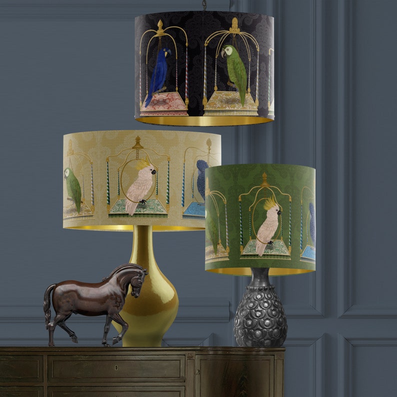 Parrot Swing Lamp shade on Verdant Green Large lamp shade with gold lining, lampshade for table lamp pendant lamp shade for ceiling image 6