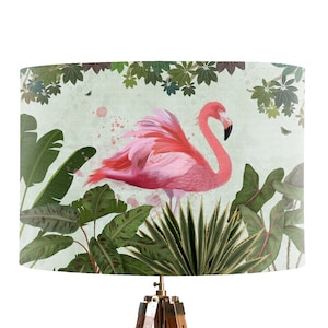 Pink Flamingo Lampshade, tropical lamp shade tropical decor flamingo decor, designer fabric lighting jungle decor room, pink decor handmade image 1