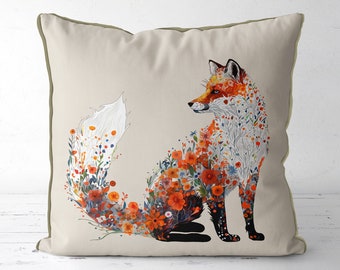 Beautiful Floral Pillow Cover, Woodland Cushion Cover fox illustration, nursery throw pillow for country home style, colourful floral accent