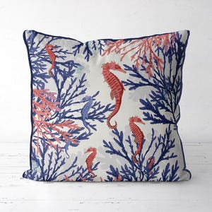 Coral and blue coastal pillow cover, seahorse decor, designer home decor, blue coral cushions, nautical pillow, handmade designer fabric