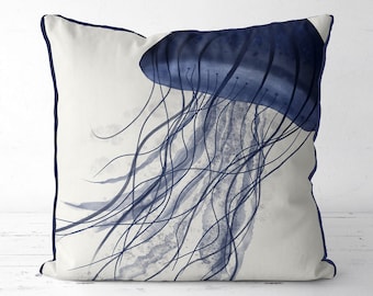 Navy Blue White Coastal Throw Pillow Cover, Blue Jellyfish cushion, beach house decor, coastal decor, seaside cottage, beach coastal pillow