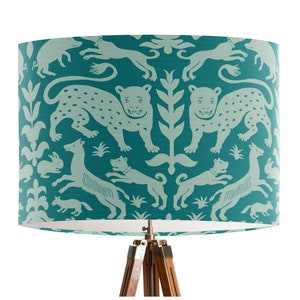 Beasts in Turquoise Lamp shade - Drum lampshade, Animal table lamp, grey decor scheme, tropical decor, pendant lamp, Turquoise lamp shade