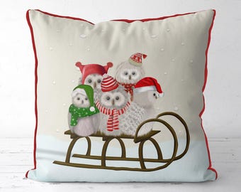 Housse de coussin de Noël - Hiboux sur traîneau - Décoration de Noël avec une chouette Housse de coussin de Noël, Décoration d'animaux de la forêt, Décoration de Noël, Chouette mignonne, Cadeau de Noël