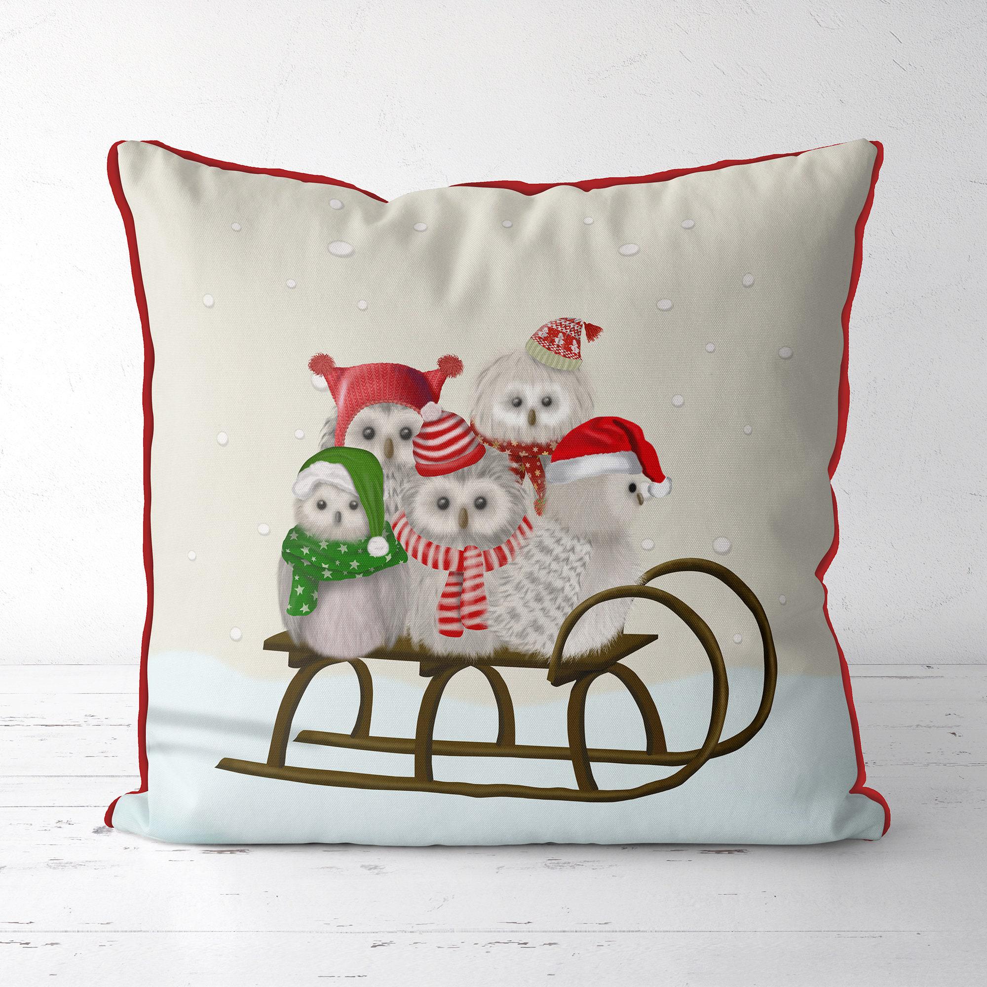 Christmas pillow cover - Owls on Sled - Christmas Owl decor Xmas cushion cover woodland animal decor