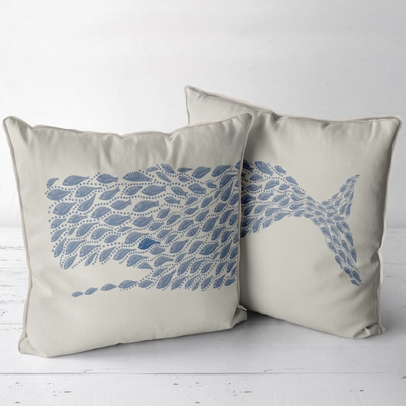 Set of 2 Whale Pillow Covers Blue Grey on Seafog Coastal Pillow Covers Coastal Cushions Nautical Coastal Decor Beach House Decor Etsy