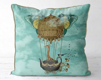 Giraf kussensloop heteluchtballon kussen ballon decor giraf cadeau idee giraf kussen luchtballon kussen goud accent kussen blauw
