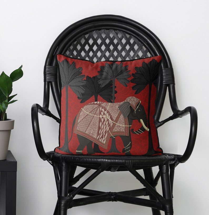 Elephant Cushion Cover Elephant Under Palm Trees Ruby Etsy UK