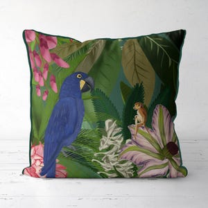 Indoor / Outdoor Tropical Bird Pillow Cover, Blue Parrot and monkey Throw Cushion Cover, Colorful Exotic Bird Design, Jungle home decor