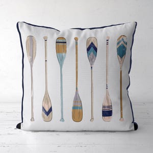 Vintage Oars Pillow Cover blue and white, Beach House Pillow, beach cottage decor, paddle oars, outdoorsy gift, boat house decor